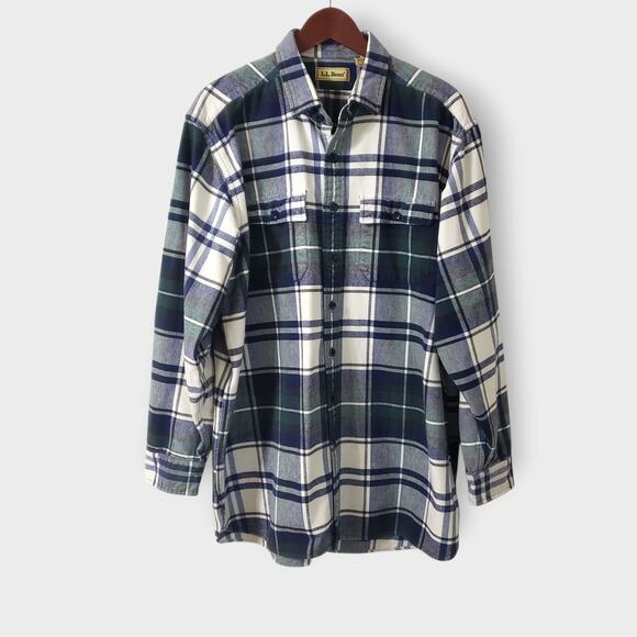 LL Bean Mens Chamois Green Plaid Flannel Button Up Shirt Sz XLT Pockets Rugged - Picture 1 of 11